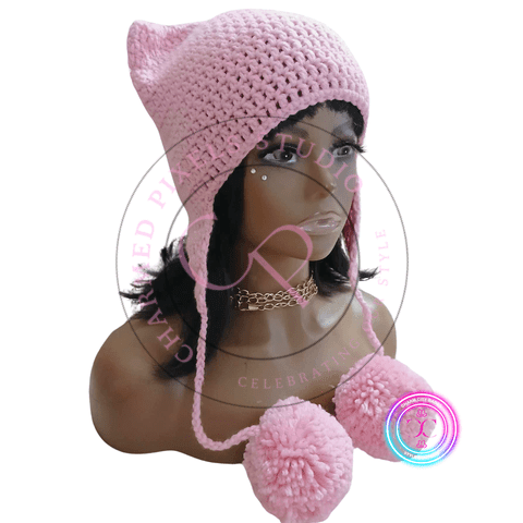 Handmade Pink Cat Ear Beanie with Pom Poms