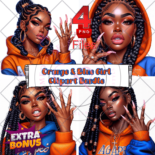 Orange & Blue Girl Clipart Bundle - 4 PNG Files Bonus File | African American Illustrations| African American clipart|Black Girl Clip Art|Instant Download