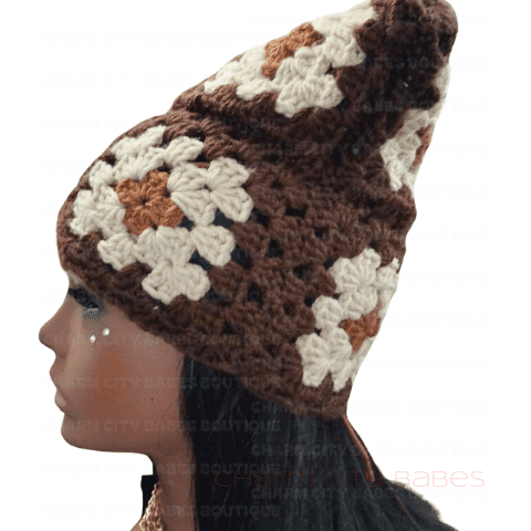 Handmade Brown and Cream Granny Square Crochet Beanie