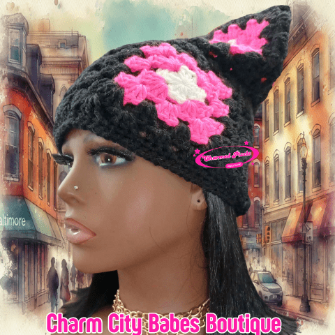 Handmade Black and Pink Granny Square Crochet Cat Beanie