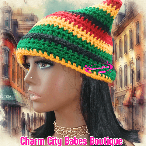 Handmade Rasta Stripe Crochet Beanie | Red, Yellow, Green Hat"