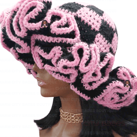 Crochet Ruffle Hat - Checkered Pink and Black