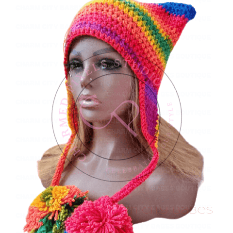 Handmade Rainbow Crochet Beanie with Pom Poms | Variegated Colors