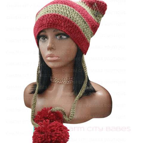 Handmade Maroon and Green Crochet Elf Beanie with Pom Poms"