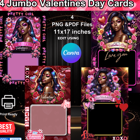 4 Jumbo Valentine’s Day Cards – Glamorous Pretty Girl Designs, Printable 11x17