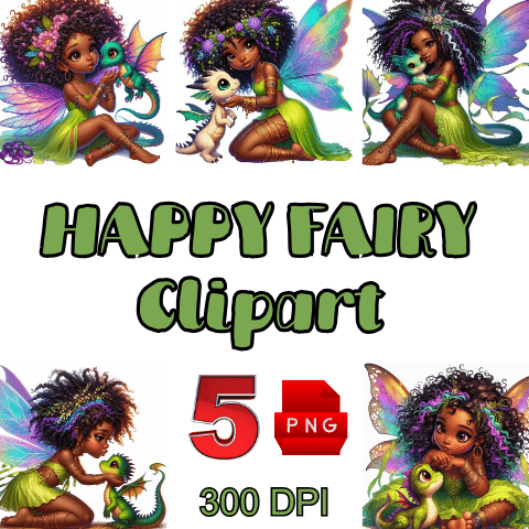 African American Happy Green Fairy Clipart Bundle| Fairy Magic| Fairy Core