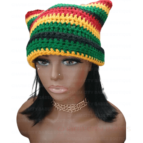 Handmade Rasta Stripe Crochet Beanie | Red, Yellow, Green Hat"