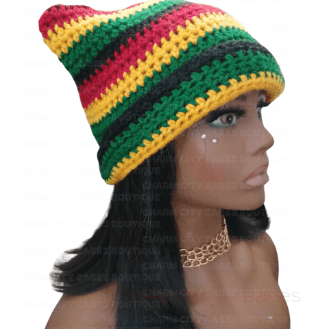 Handmade Rasta Stripe Crochet Beanie | Red, Yellow, Green Hat"