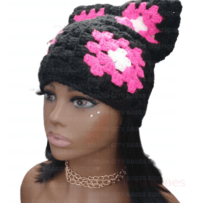 Handmade Black and Pink Granny Square Crochet Cat Beanie