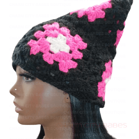 Handmade Black and Pink Granny Square Crochet Cat Beanie