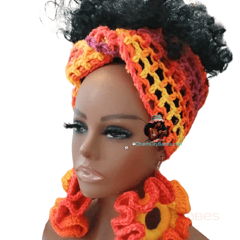 Crochet Headwrap With Earrings -Tropical Punch