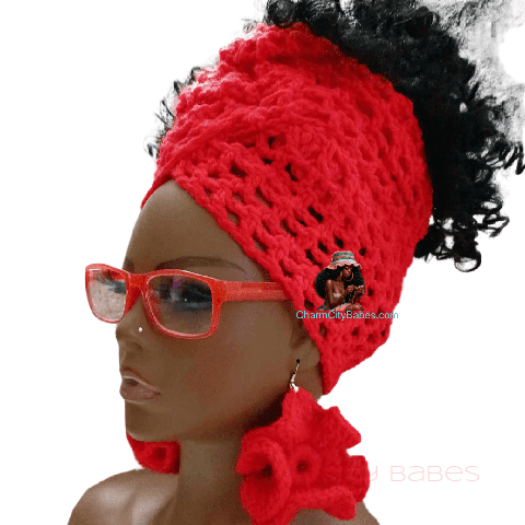 Crochet Headwrap With Earrings - Bright Red