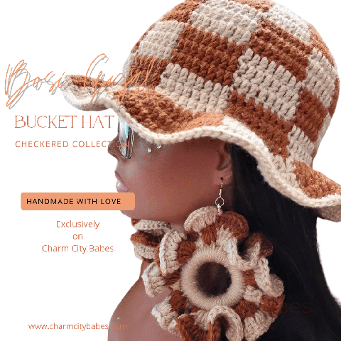 Bosi Crochet Bucket Hat/Earrings - Toffee and Khaki