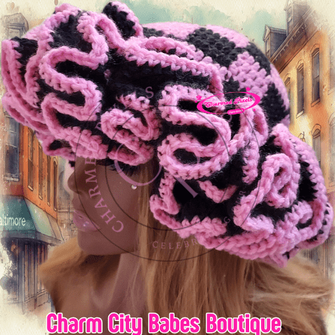 Crochet Ruffle Hat - Checkered Pink and Black